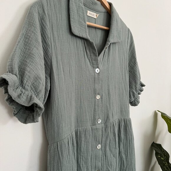 Roolee Sage Cotton Gauze Midi Dress with Functional Buttons & Collar - size S - Picture 4 of 8